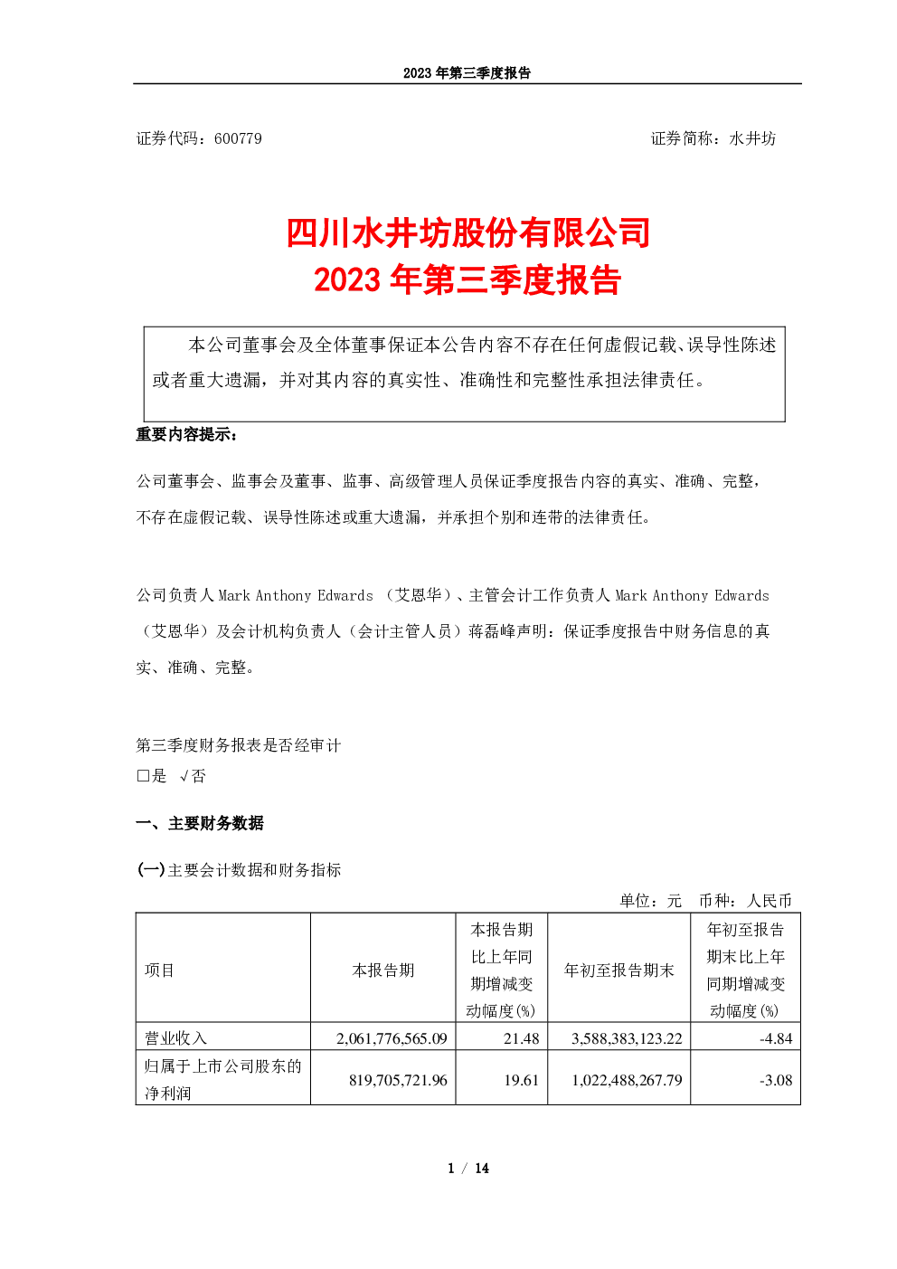 水井坊：水井坊2023年第三季度报告
