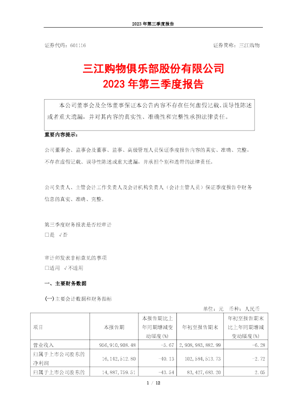 三江购物：三江购物2023年第三季度报告