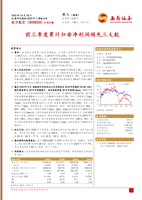 前三季度累计归母净利润领先三大航