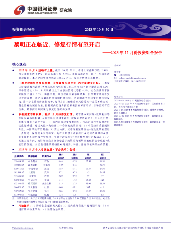 2023年11月份投资组合报告：黎明正在临近，修复行情有望开启