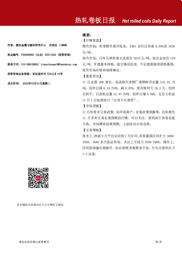 热轧卷板日报