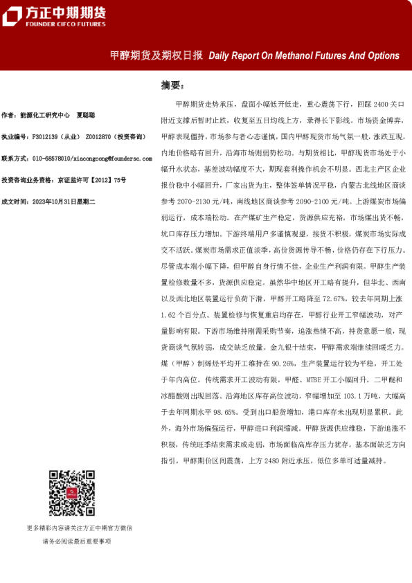 甲醇期货及期权日报