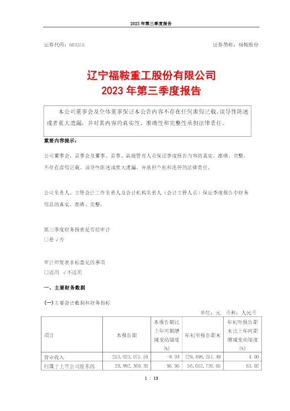 福鞍股份：福鞍股份2023年三季度报告