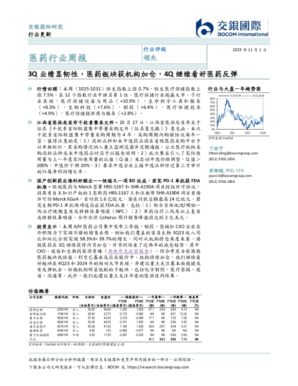 医药行业周报：3Q业绩显韧性，医药板块获机构加仓，4Q继续看好医药反弹