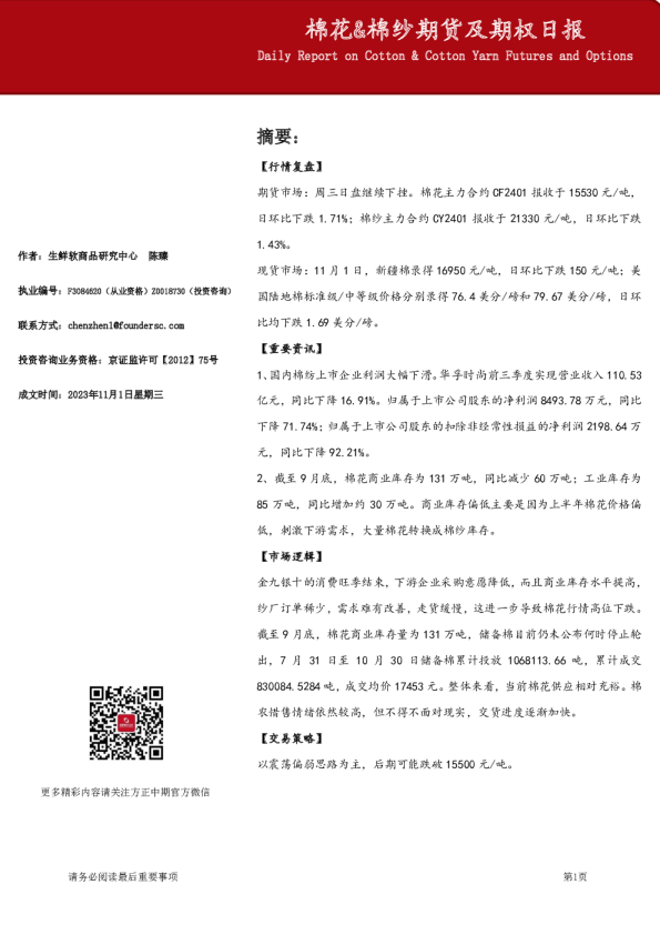 棉花&棉纱期货及期权日报
