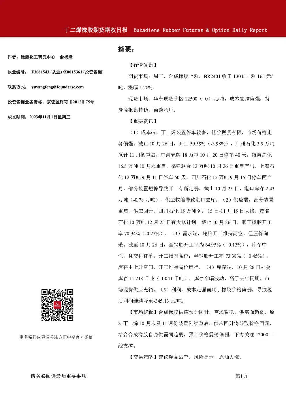 丁二烯橡胶期货期权日报