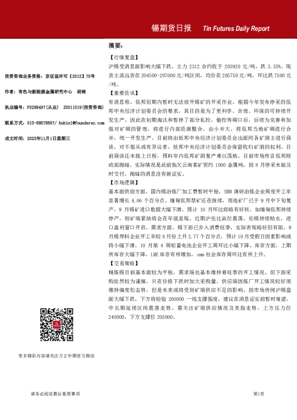 锡期货日报