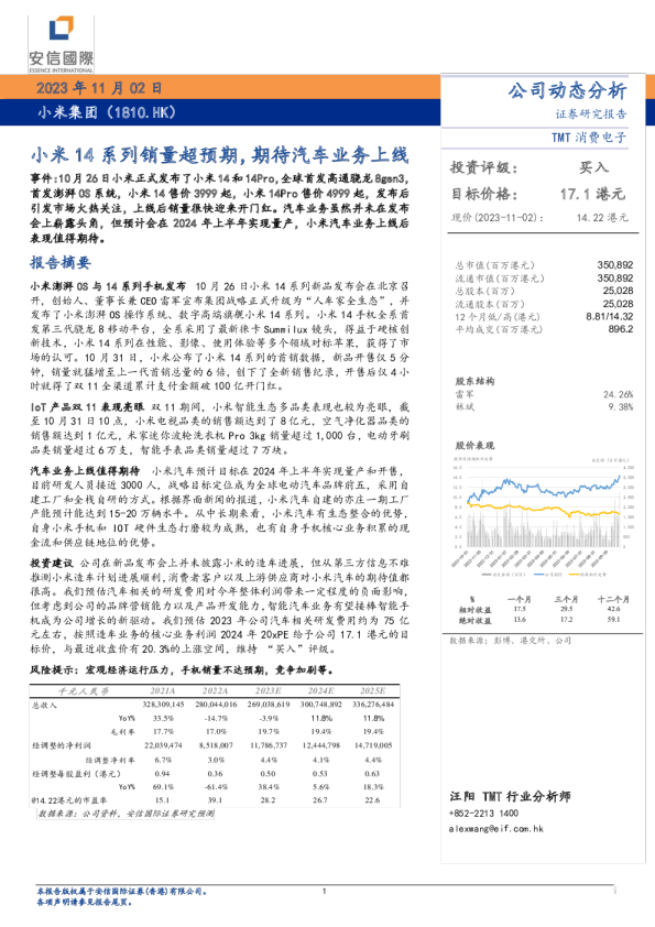 小米14系列销量表现超预期，期待汽车业务上綫