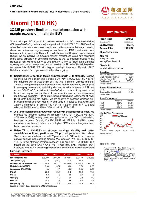 3Q23E 预览 ： 弹性智能手机销售 ， 利润率扩大 ； 维持买入