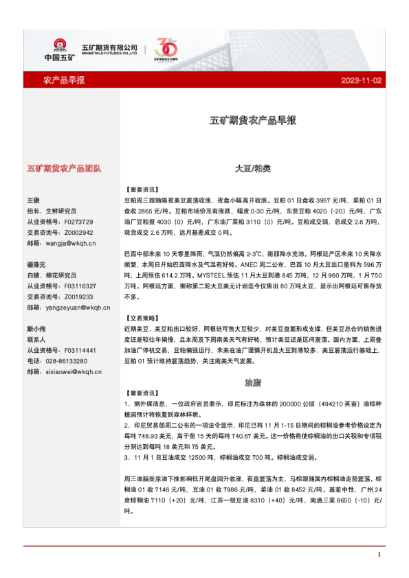 五矿期货农产品早报
