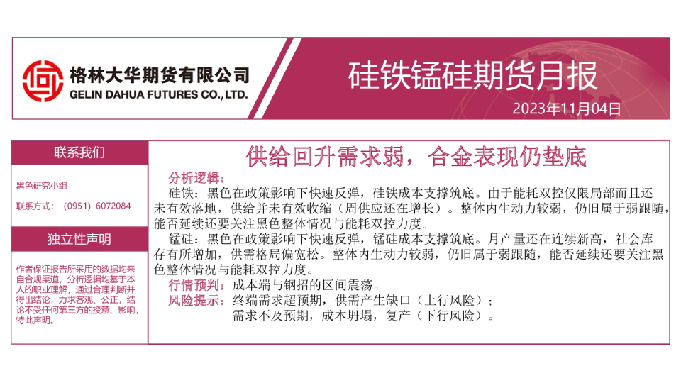 硅铁锰硅期货月报：供给回升需求弱，合金表现仍垫底