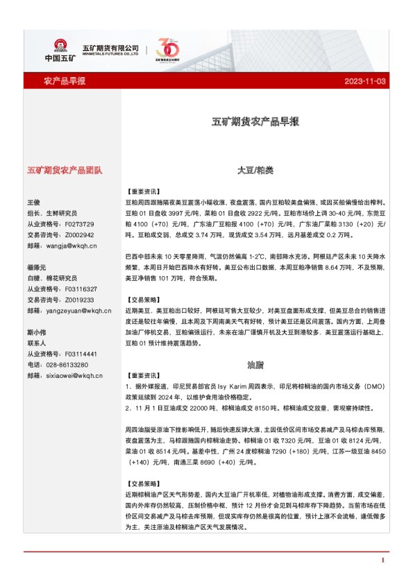 五矿期货农产品早报