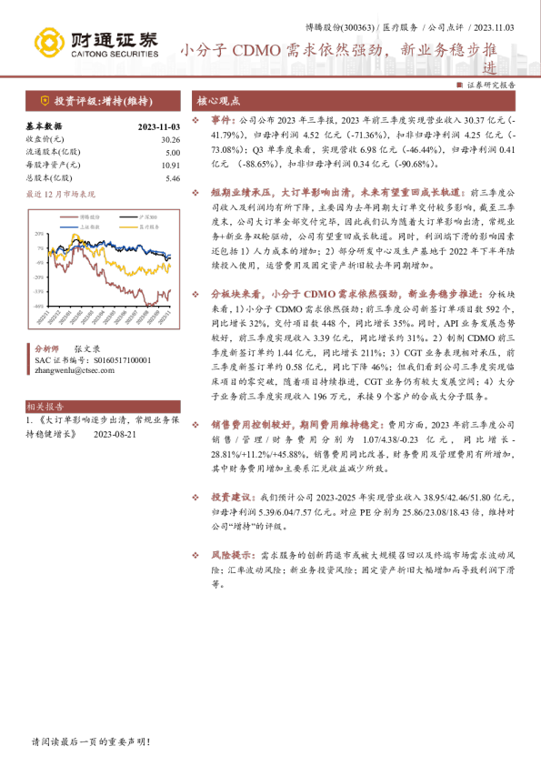 小分子CDMO需求依然强劲，新业务稳步推进