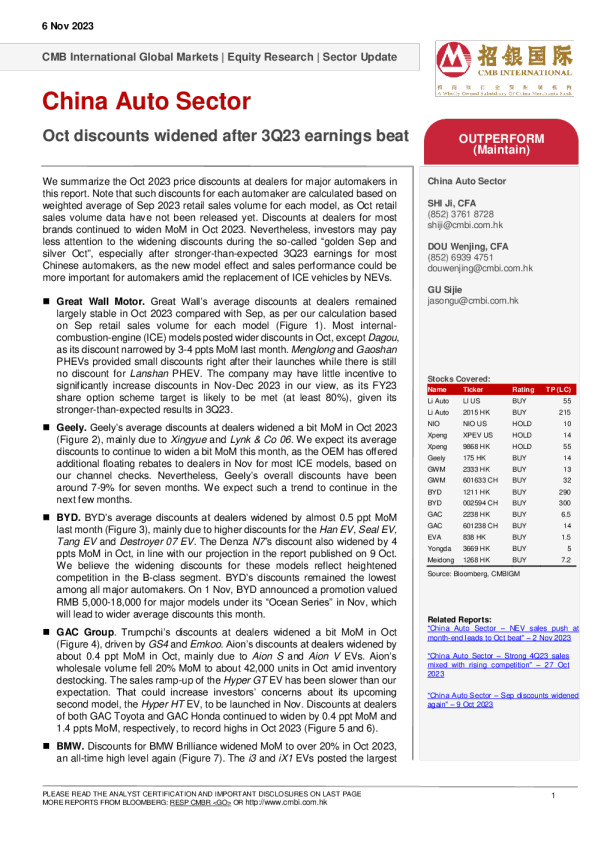 中国汽车板块 10 月折价扩大后 ， 第三季度收益超过