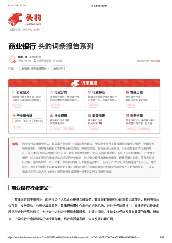 商业银行 头豹词条报告系列