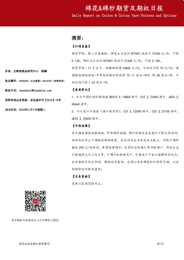 棉花&棉纱期货及期权日报