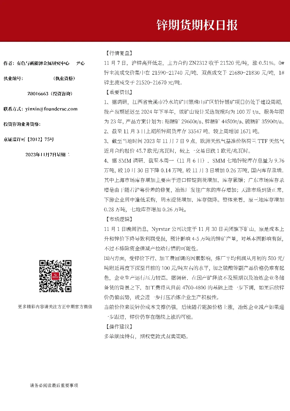 锌期货期权日报
