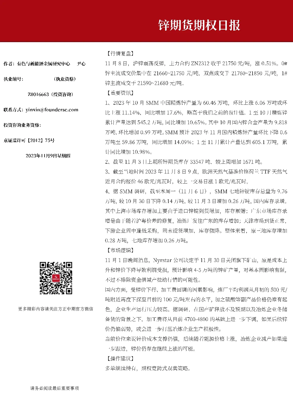 锌期货期权日报