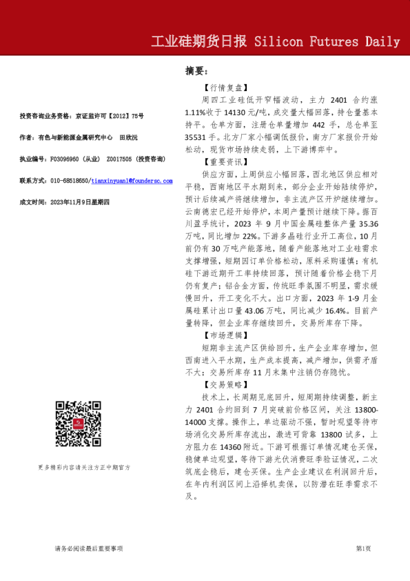 工业硅期货日报