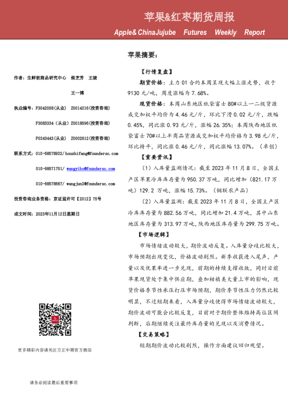苹果&红枣期货周报