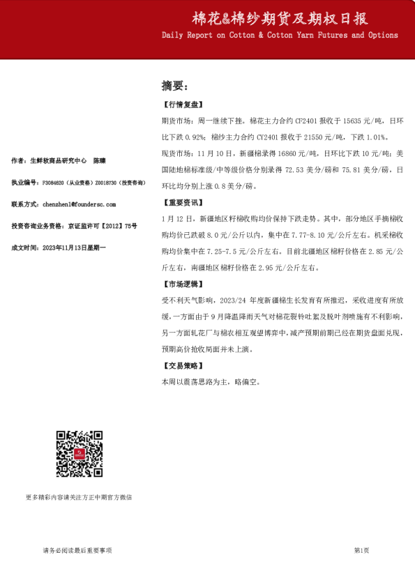 棉花&棉纱期货及期权日报