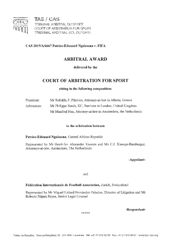 CAS 2019 A 6667 Patrice-Edouard Ngaïssona v. FIFA