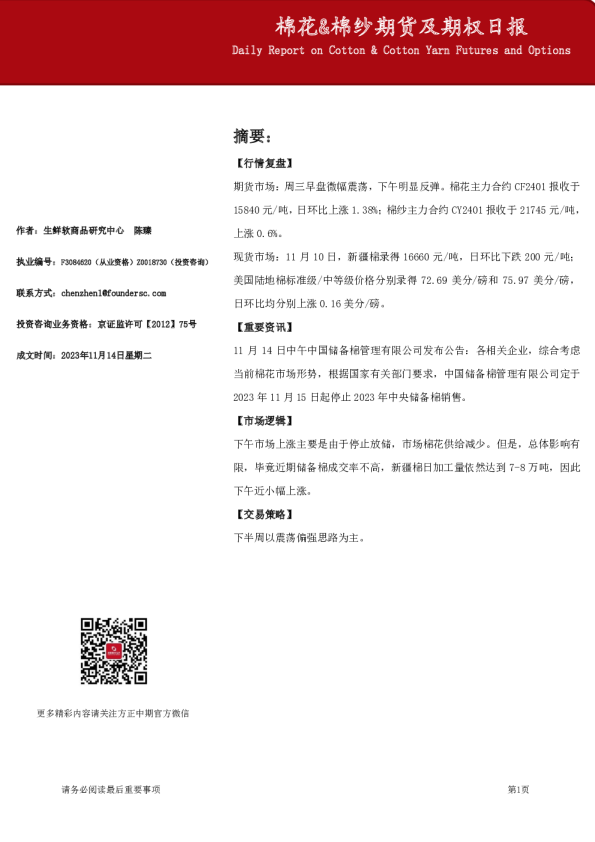 棉花&棉纱期货及期权日报