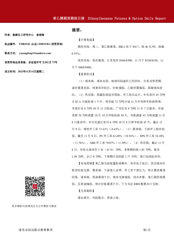 苯乙烯期货期权日报