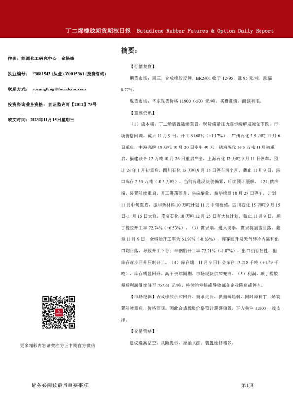 丁二烯橡胶期货期权日报