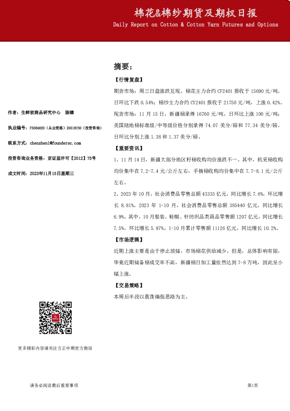 棉花&棉纱期货及期权日报