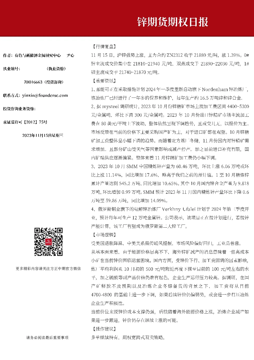 锌期货期权日报