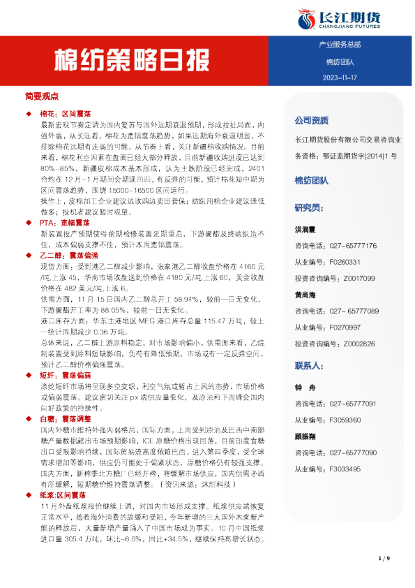 棉纺策略日报