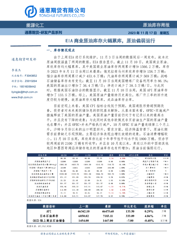 原油库存周报：EIA商业原油库存大幅累库，原油偏弱运行