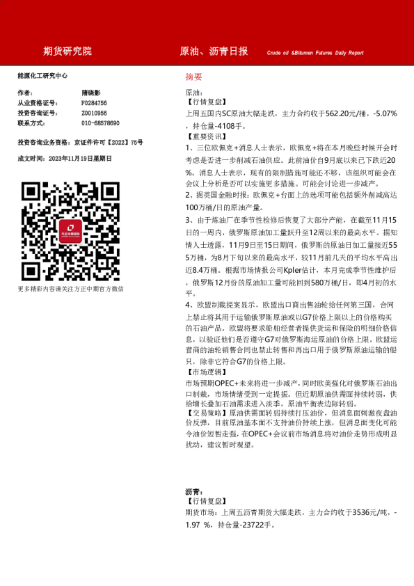 原油、沥青日报