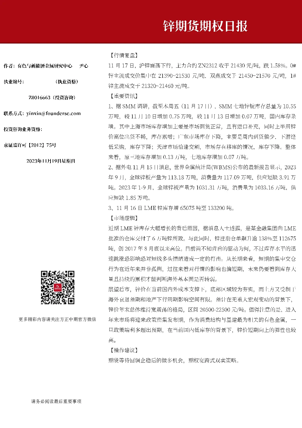 锌期货期权日报