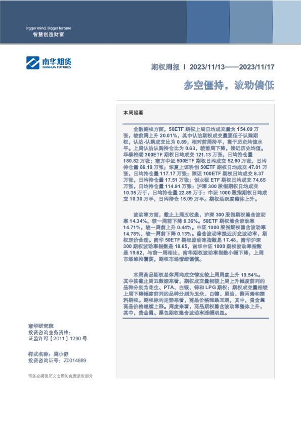 期权周报：多空僵持，波动偏低