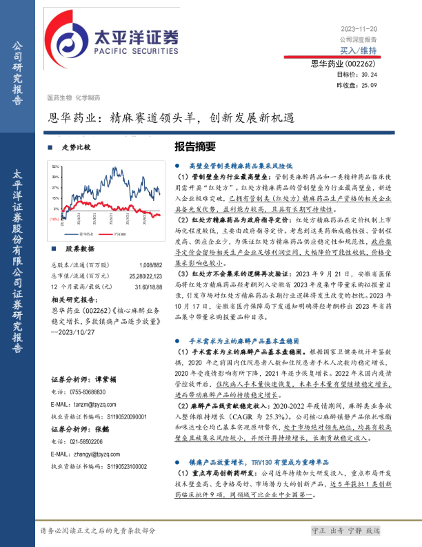 恩华药业：精麻赛道领头羊，创新发展新机遇