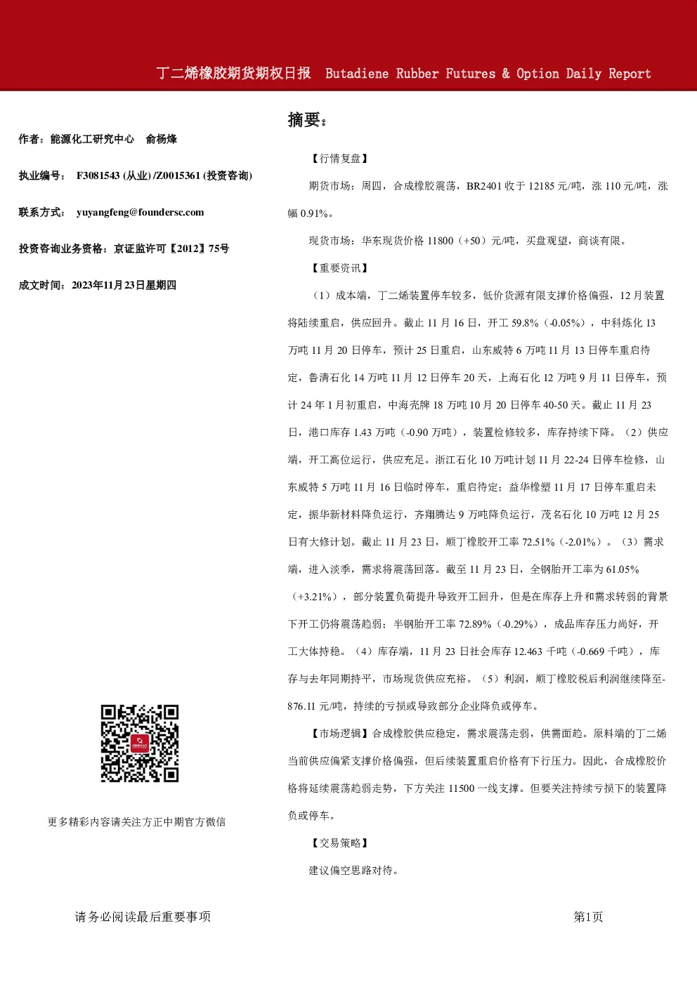 丁二烯橡胶期货期权日报