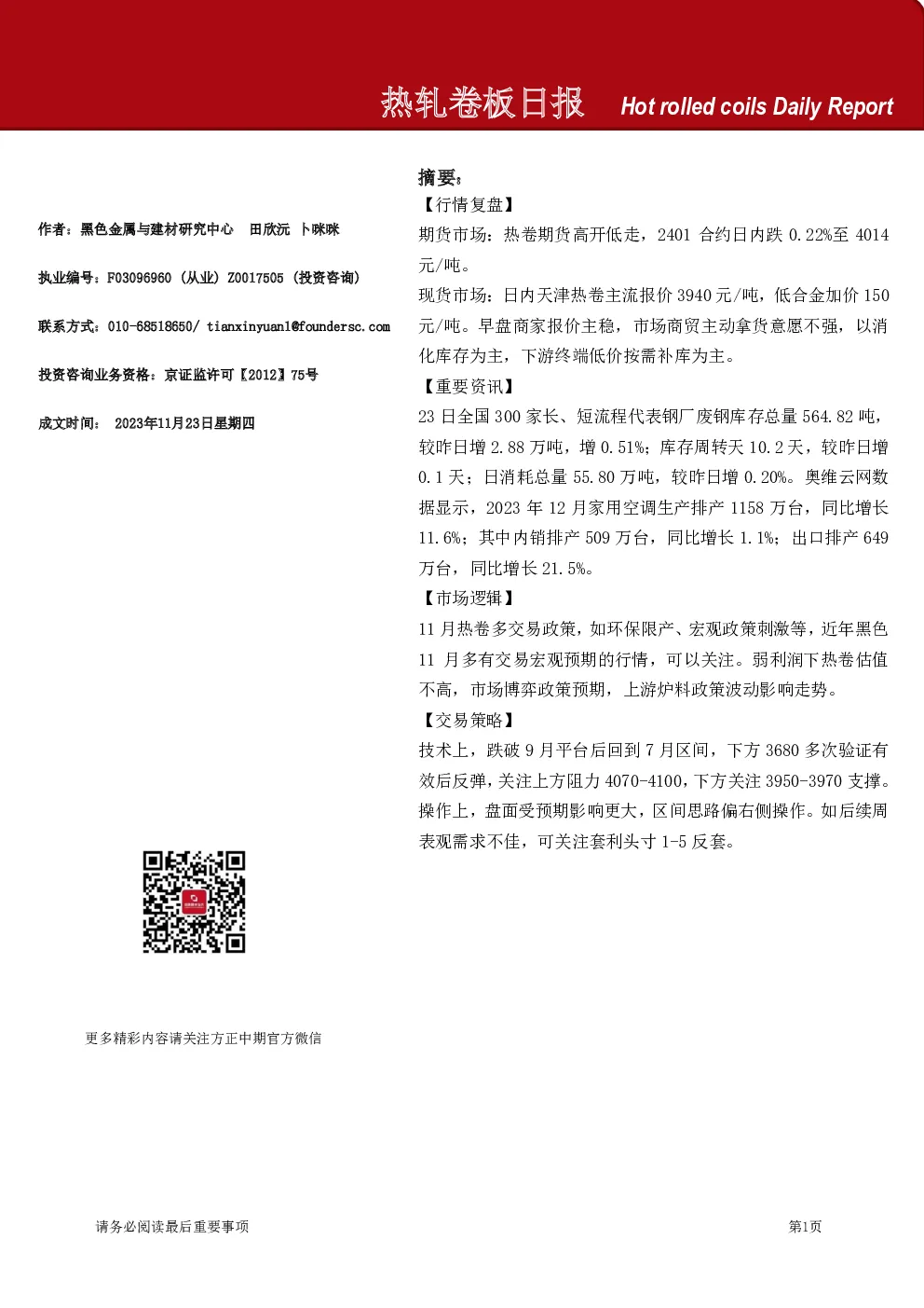 热轧卷板日报
