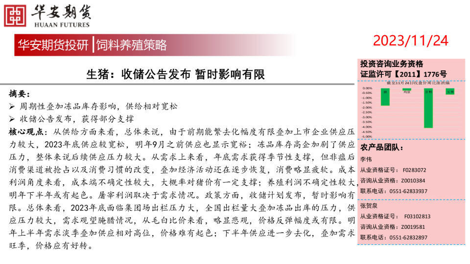 饲料养殖策略：生猪：收储公告发布 暂时影响有限