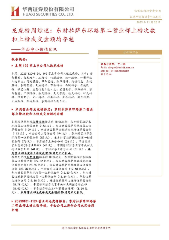 龙虎榜周综述：东财拉萨东环路第二营业部上榜次数和上榜成交金额均夺魁