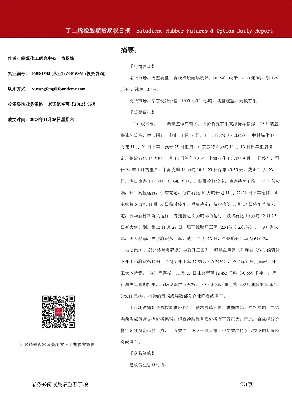 丁二烯橡胶期货期权日报