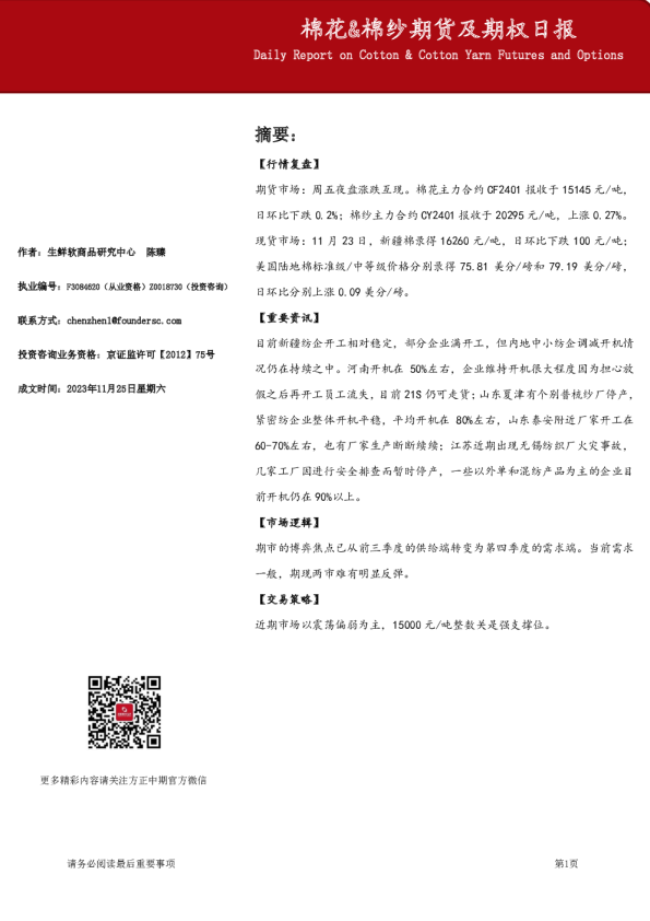 棉花&棉纱期货及期权日报