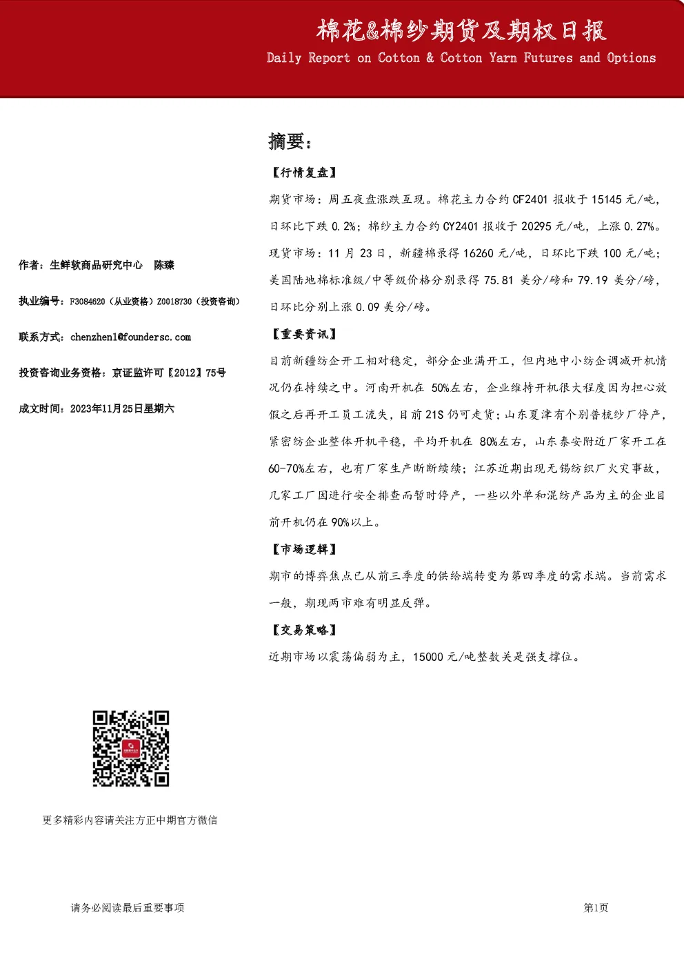 棉花&棉纱期货及期权日报