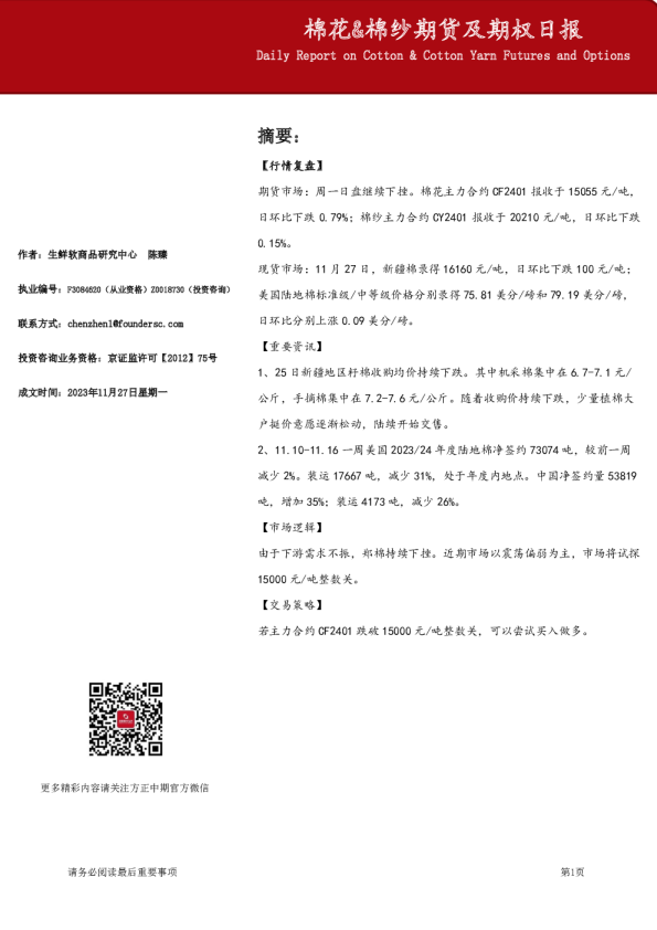 棉花&棉纱期货及期权日报