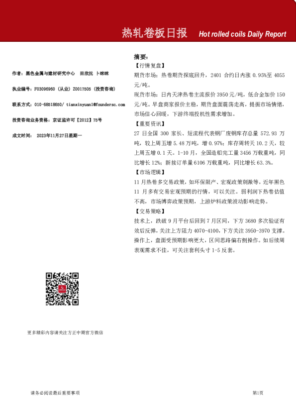 热轧卷板日报