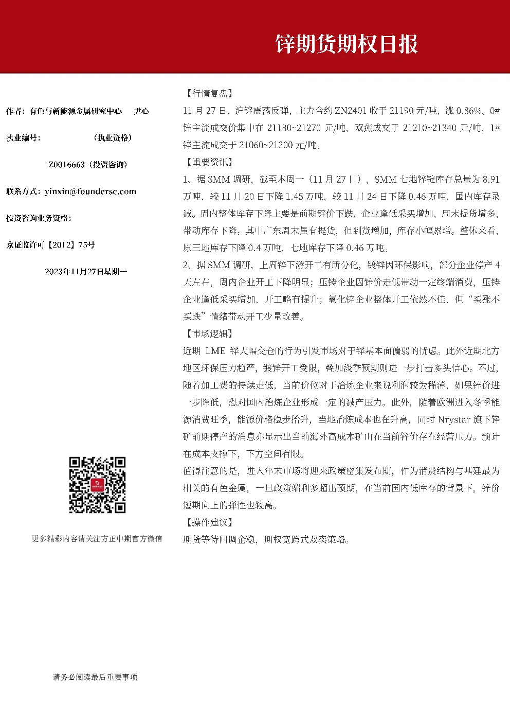 锌期货期权日报