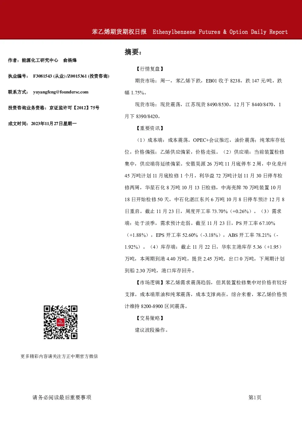 苯乙烯期货期权日报