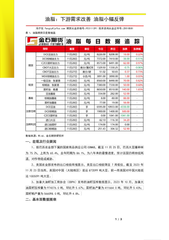 油脂：下游需求改善 油脂小幅反弹