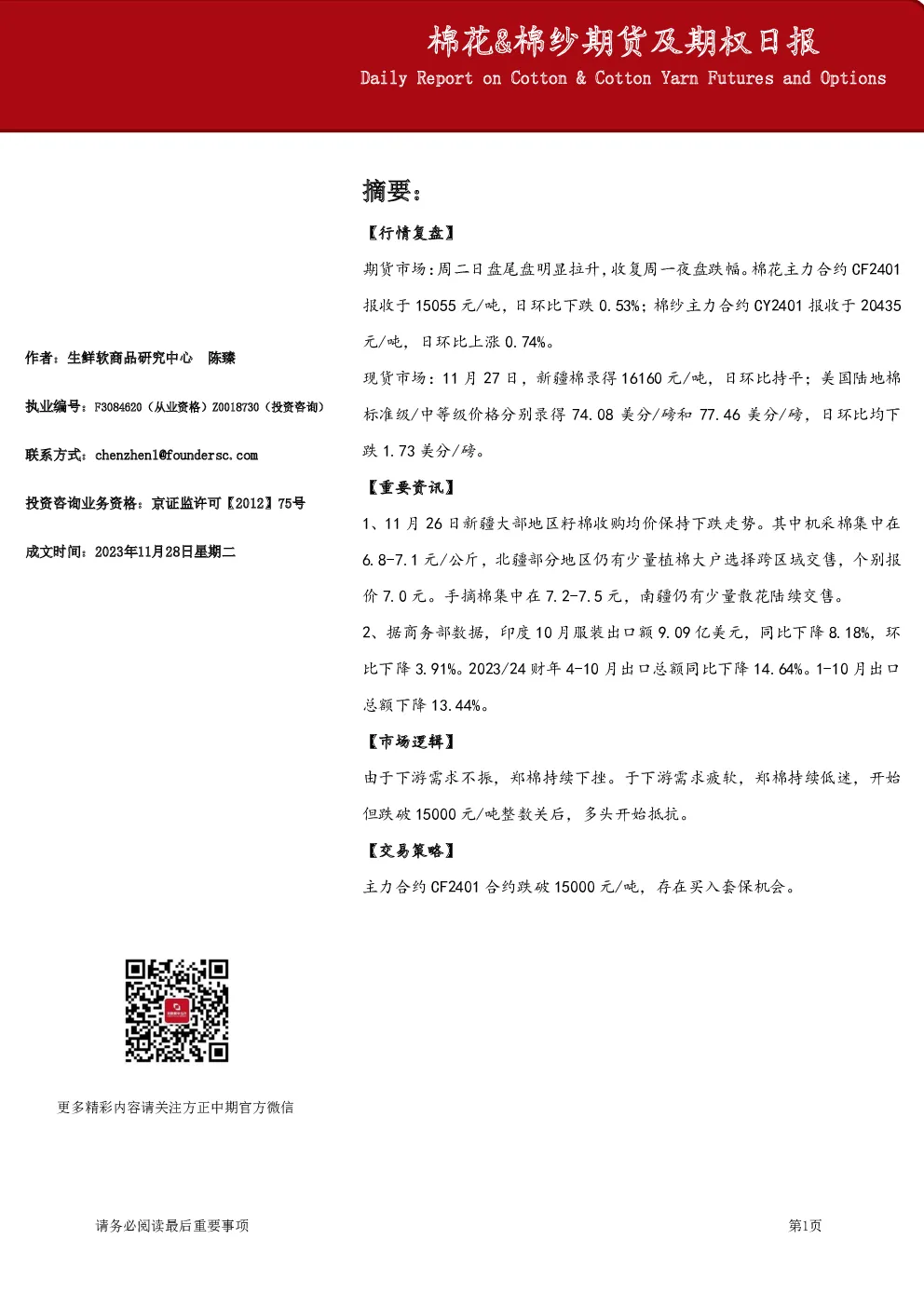 棉花&棉纱期货及期权日报